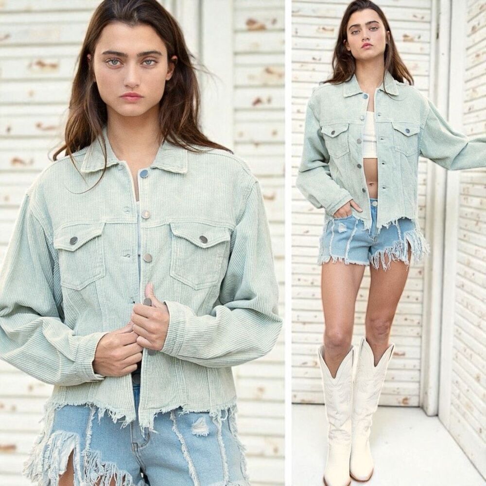 POL Sage Corduroy Shacket Layering Jacket Raw Hem Button Down Green Large NEW